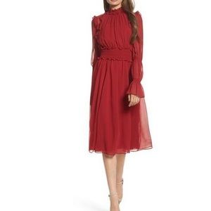 CHELSEA28 Ruffle Midi Red Jester Dress